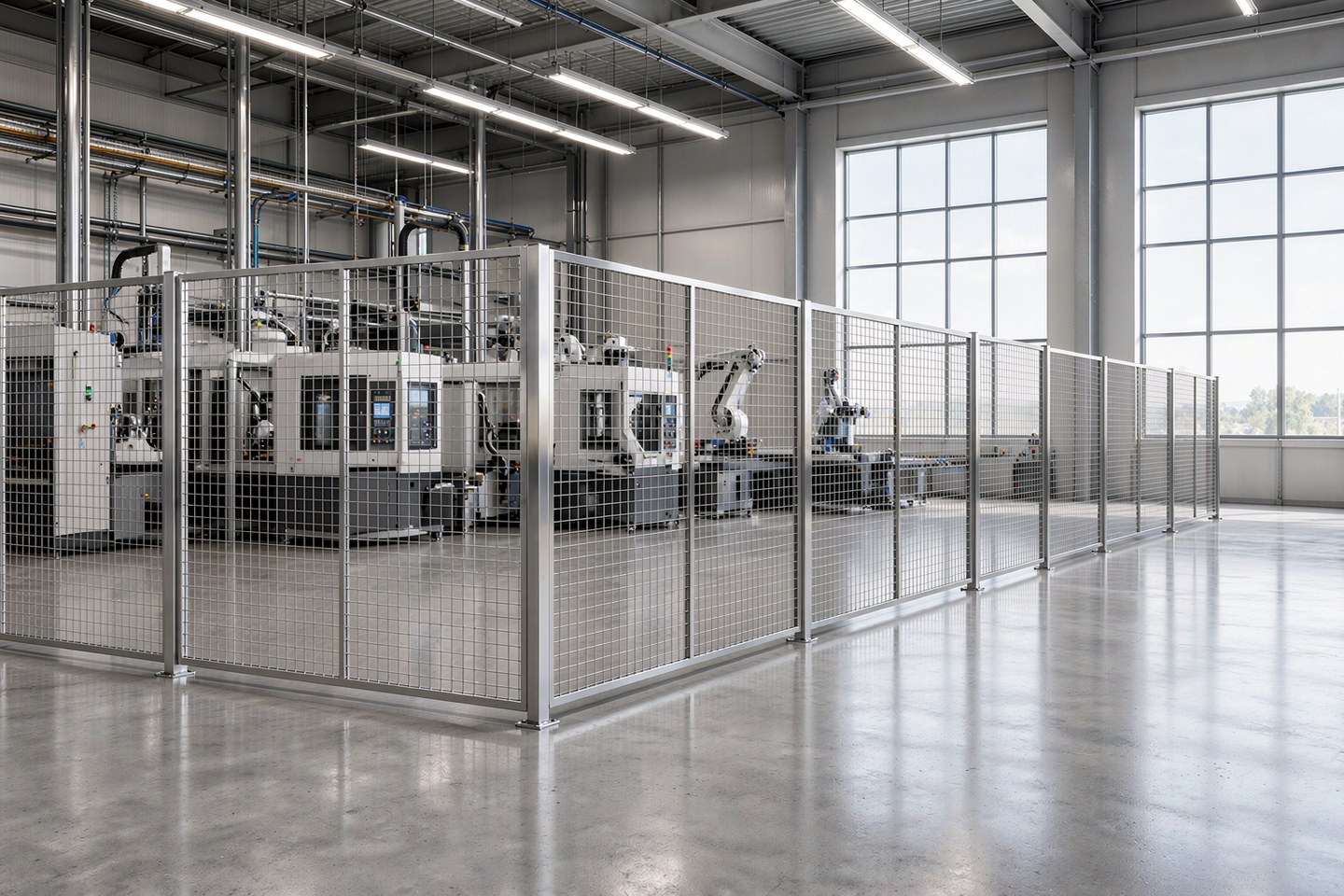 Stainless steel welded wire mesh partition separating a CNC production zone in a smart factory