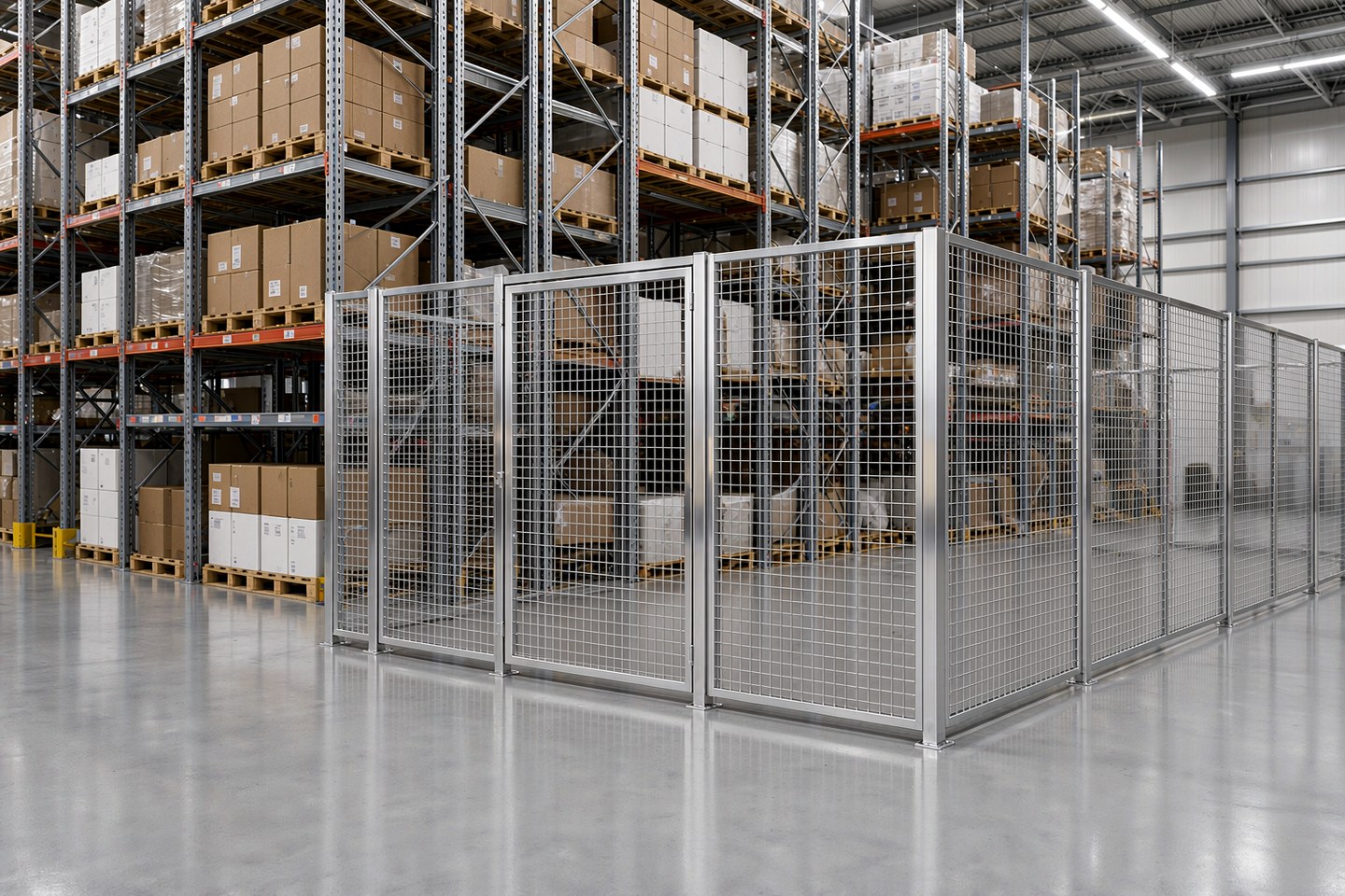 Stainless steel welded wire mesh storage cage with gate in an automated warehouse
