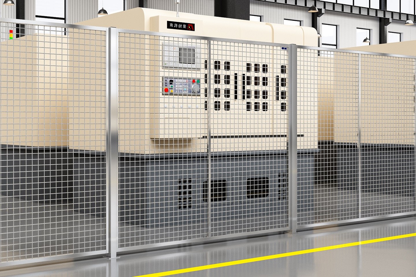 Stainless steel welded wire mesh machine guard with sliding door in front of a CNC lathe cell