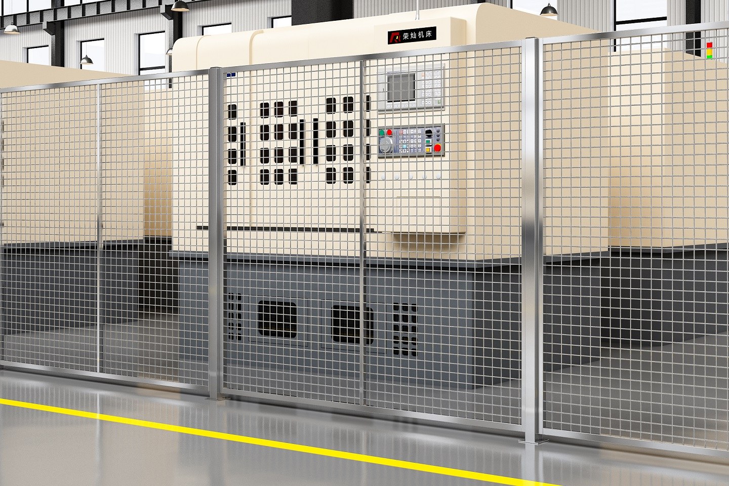 Stainless steel welded wire mesh partition run enclosing machine cells along a workshop aisle