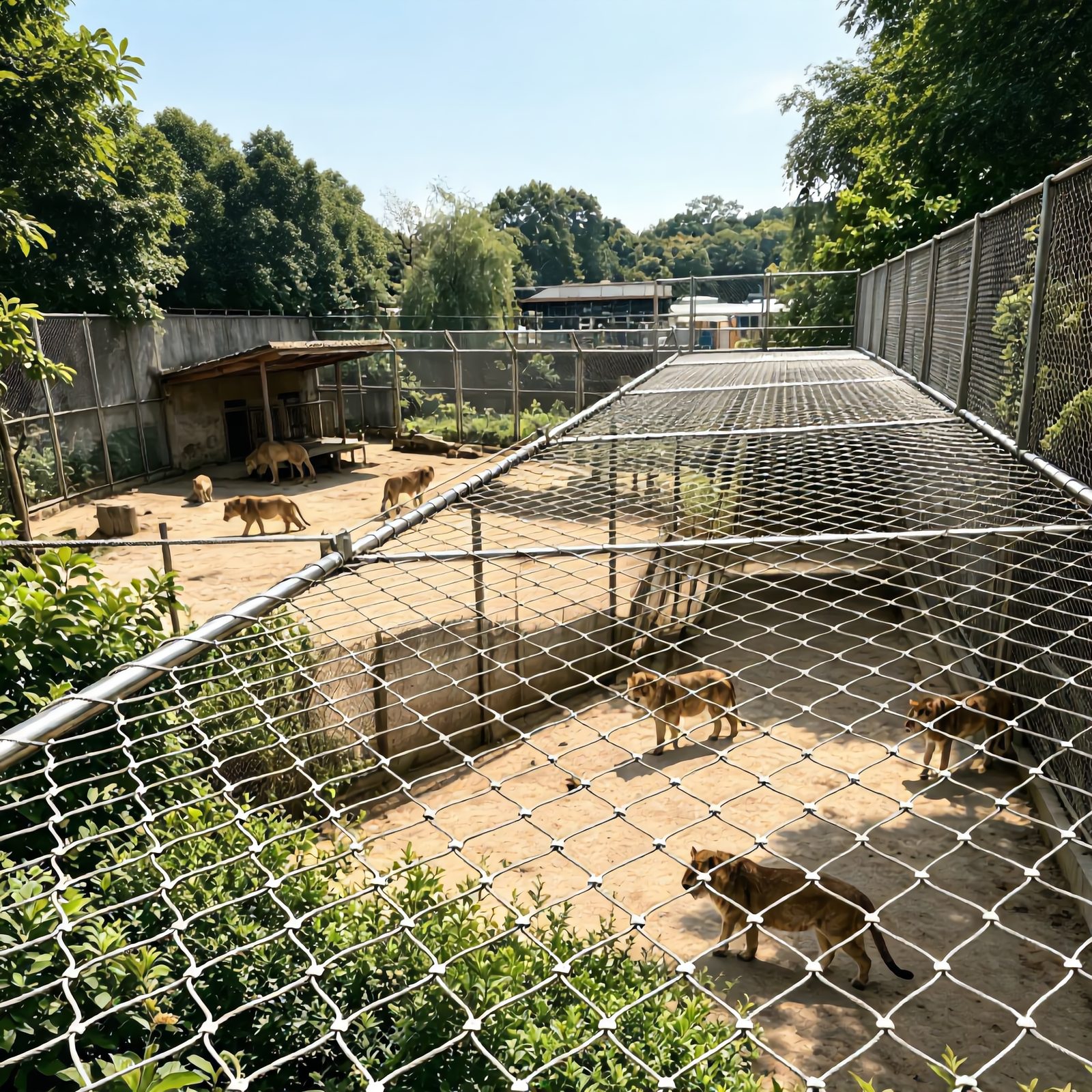 Stainless steel rope mesh installed as a lion enclosure at a wildlife park